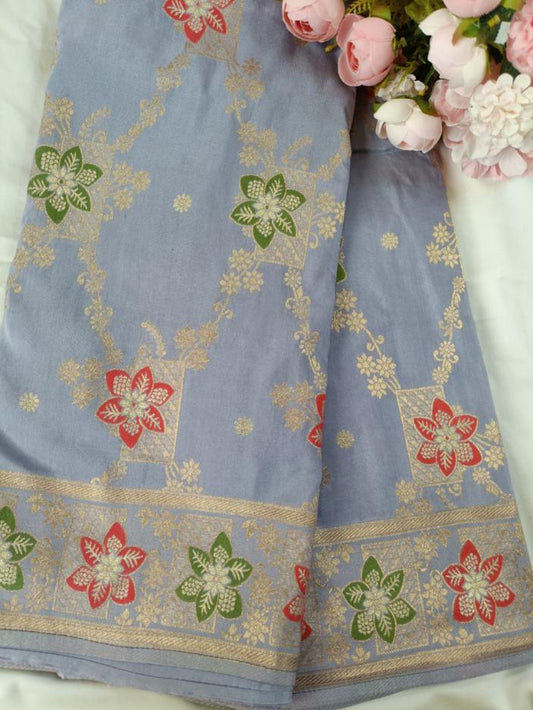GREYISH BLUE FLORAL JAAL MEENA BANARASI VISCOSE SAREE