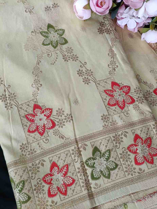 GREENISH WHITE FLORAL JAAL MEENA BANARASI VISCOSE SAREE
