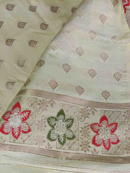 GREENISH WHITE FLORAL JAAL MEENA BANARASI VISCOSE SAREE