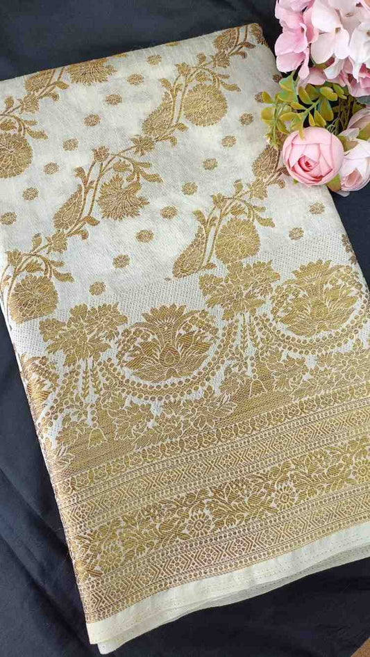 OFF WHITE ANTIQUE FLORAL LEHARIYA SEMI SILK