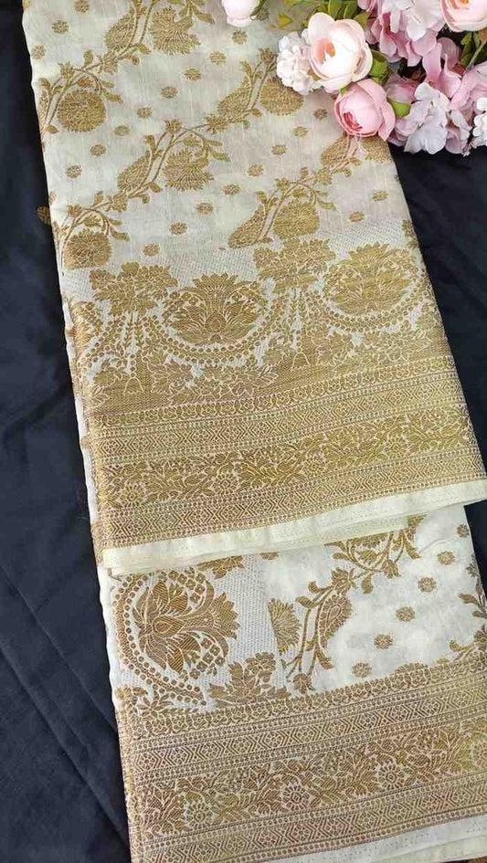 OFF WHITE ANTIQUE FLORAL LEHARIYA SEMI SILK