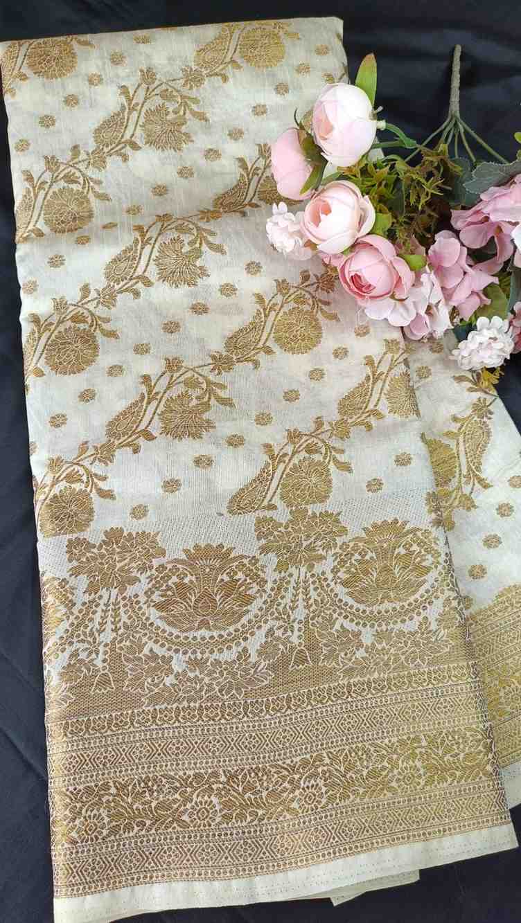 OFF WHITE ANTIQUE FLORAL LEHARIYA SEMI SILK