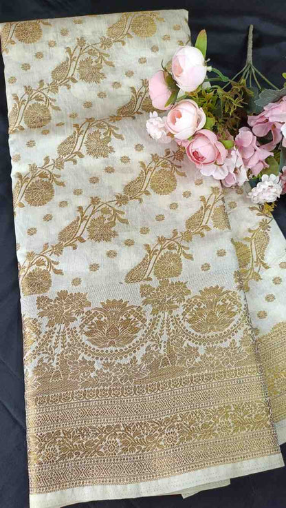 OFF WHITE ANTIQUE FLORAL LEHARIYA SEMI SILK