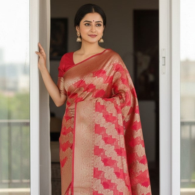 PEACH PINK LEHARIYA PARTY ORGANZA BANARASI SAREE