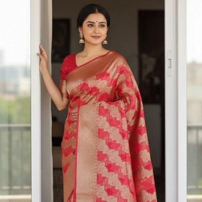 PEACH PINK LEHARIYA PARTY ORGANZA BANARASI SAREE