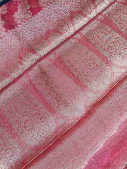 PEACH PINK LEHARIYA PARTY ORGANZA BANARASI SAREE