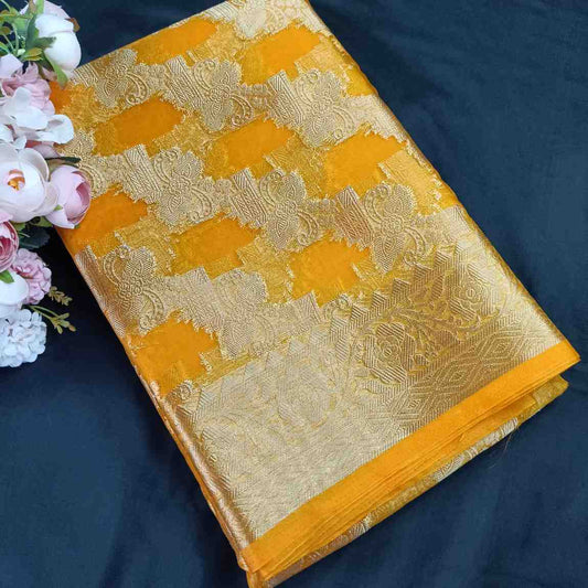 YELLOW LEHARIYA PARTY ORGANZA BANARASI SAREE