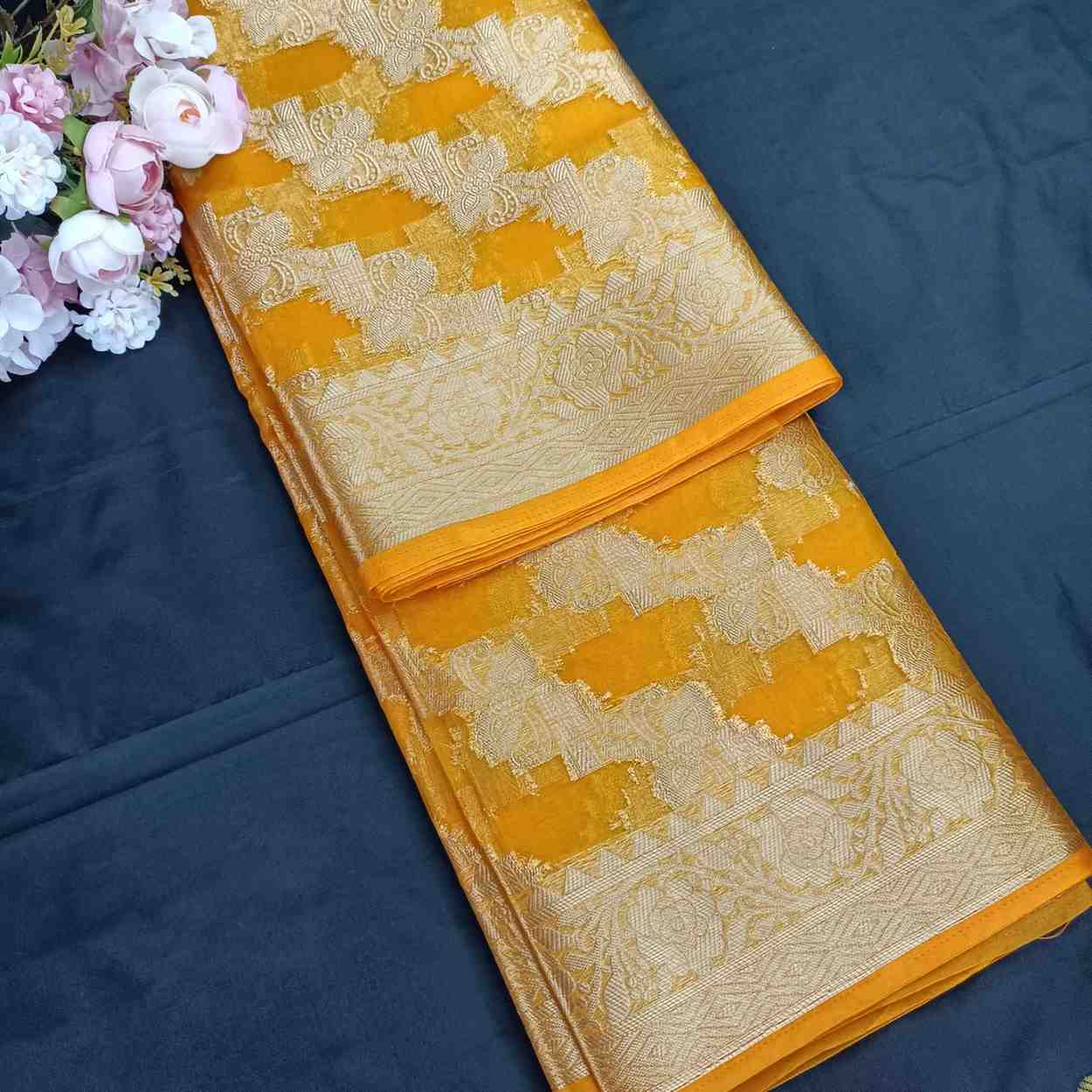 YELLOW LEHARIYA PARTY ORGANZA BANARASI SAREE