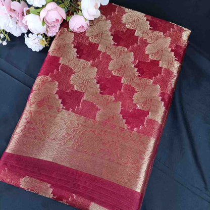 MAROON LEHARIYA PARTY ORGANZA BANARASI SAREE