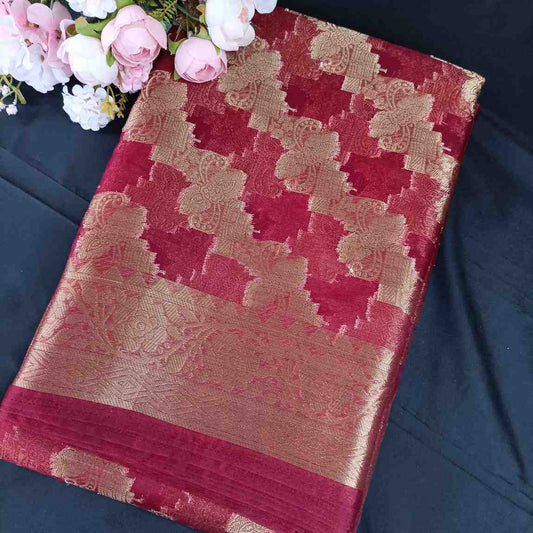 MAROON LEHARIYA PARTY ORGANZA BANARASI SAREE