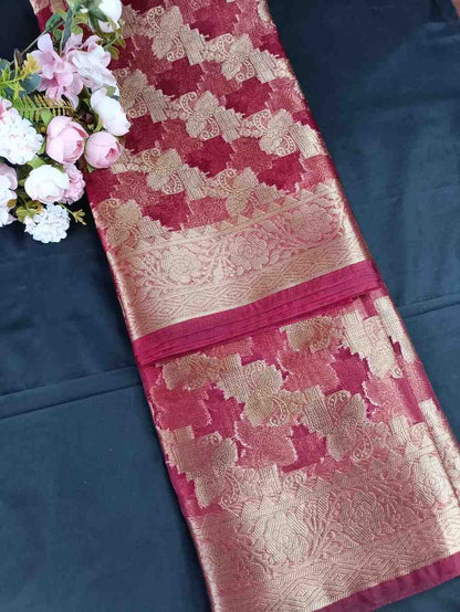MAROON LEHARIYA PARTY ORGANZA BANARASI SAREE