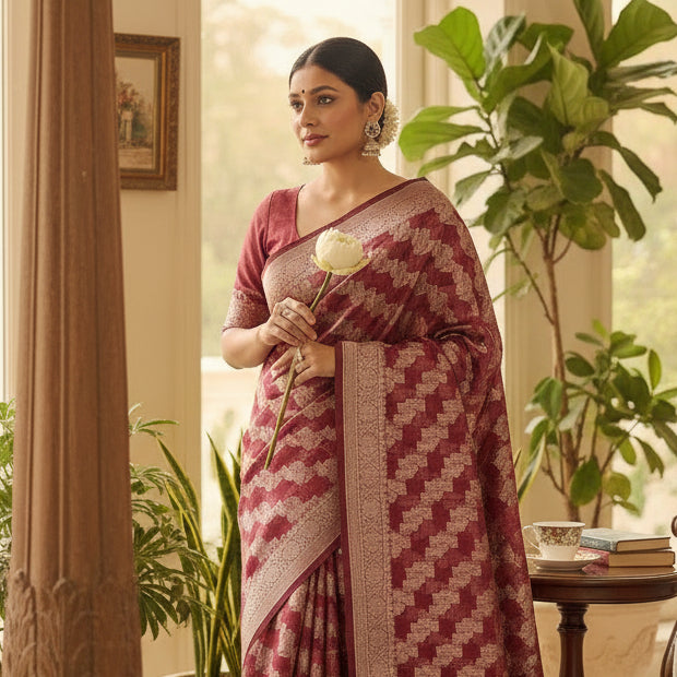 Saree with a pink and white geometric pattern on a blue background