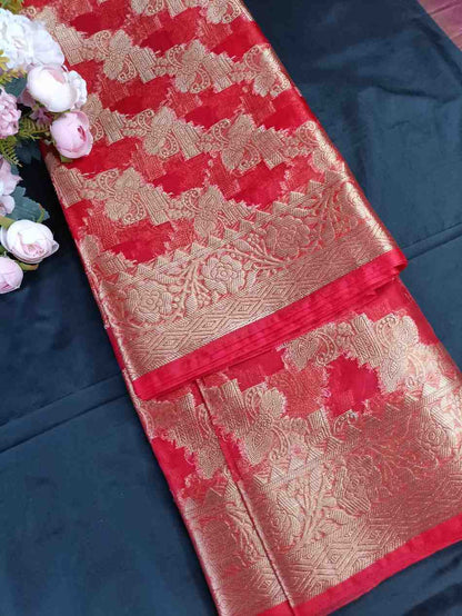 RED LEHARIYA PARTY ORGANZA BANARASI SAREE
