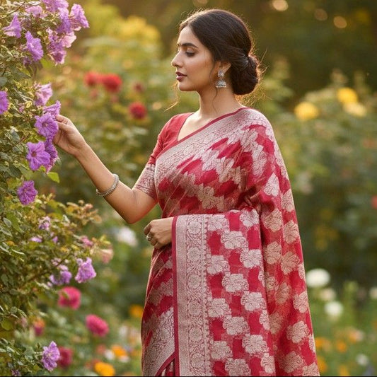 RED LEHARIYA PARTY ORGANZA BANARASI SAREE