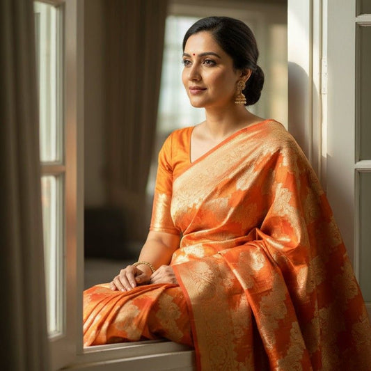ORANGE LEHARIYA PARTY ORGANZA BANARASI SAREE