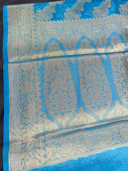 BLUE LEHARIYA PARTY ORGANZA BANARASI SAREE