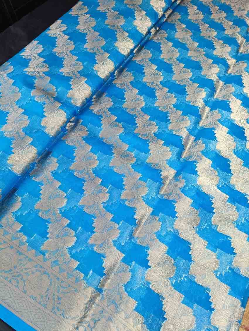 BLUE LEHARIYA PARTY ORGANZA BANARASI SAREE