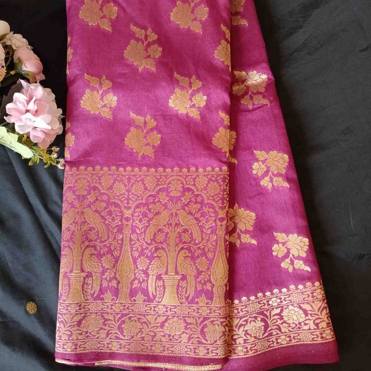 VIOLET PARROT PEACOCK ROSE BUTTA MOTIFS BANARASI SEMI SILK SAREE