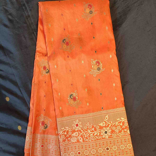 ORANGE MOTIFS MEENAKARI BUTI BANARASI SEMI SILK SAREE