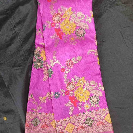 LILAC FLORAL JAAL PANCH MEENA BANARASI SEMI SILK SAREE