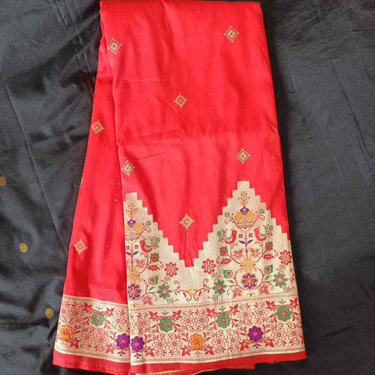 RED TEMPLE SEQUIN BANARASI KATAN SILK SAREE
