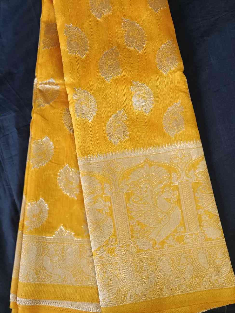 YELLOW PEACOCK BUTTA MOTIFS BANARASI SEMI SILK SAREE