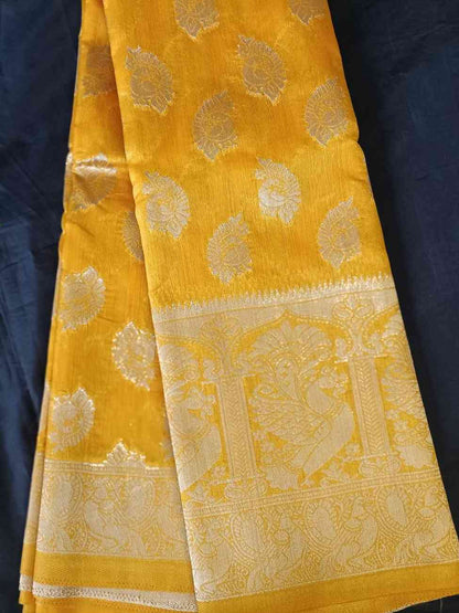 YELLOW PEACOCK BUTTA MOTIFS BANARASI SEMI SILK SAREE