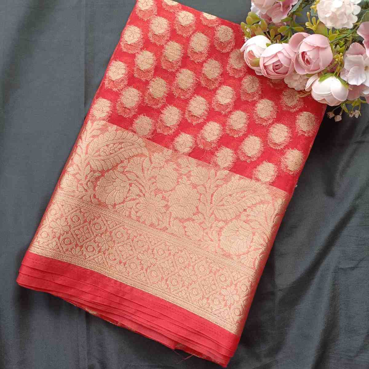 RED BUTTA ORGANZA SAREE
