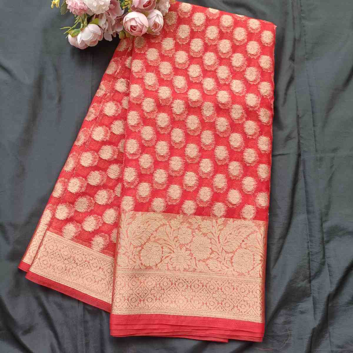 RED BUTTA ORGANZA SAREE