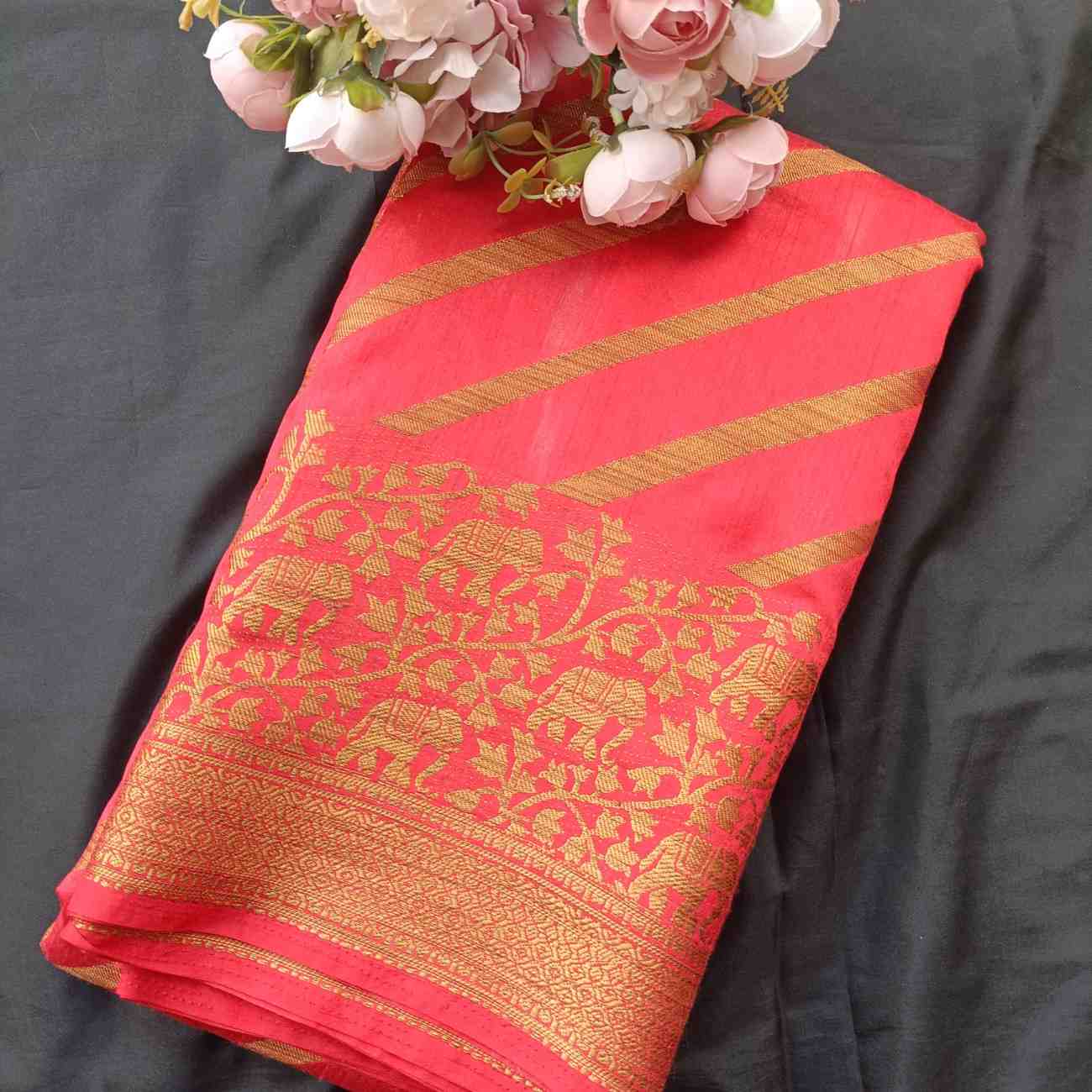 RED STRIPED BANARASI DUPION SILK SAREE
