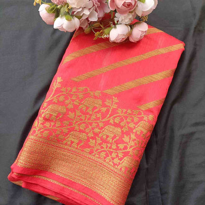 RED STRIPED BANARASI DUPION SILK SAREE