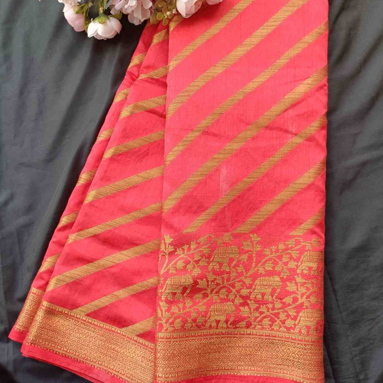 RED STRIPED BANARASI DUPION SILK SAREE