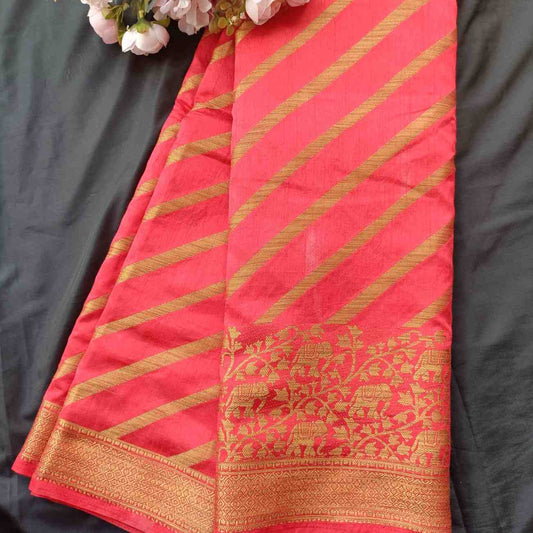 RED STRIPED BANARASI DUPION SILK SAREE