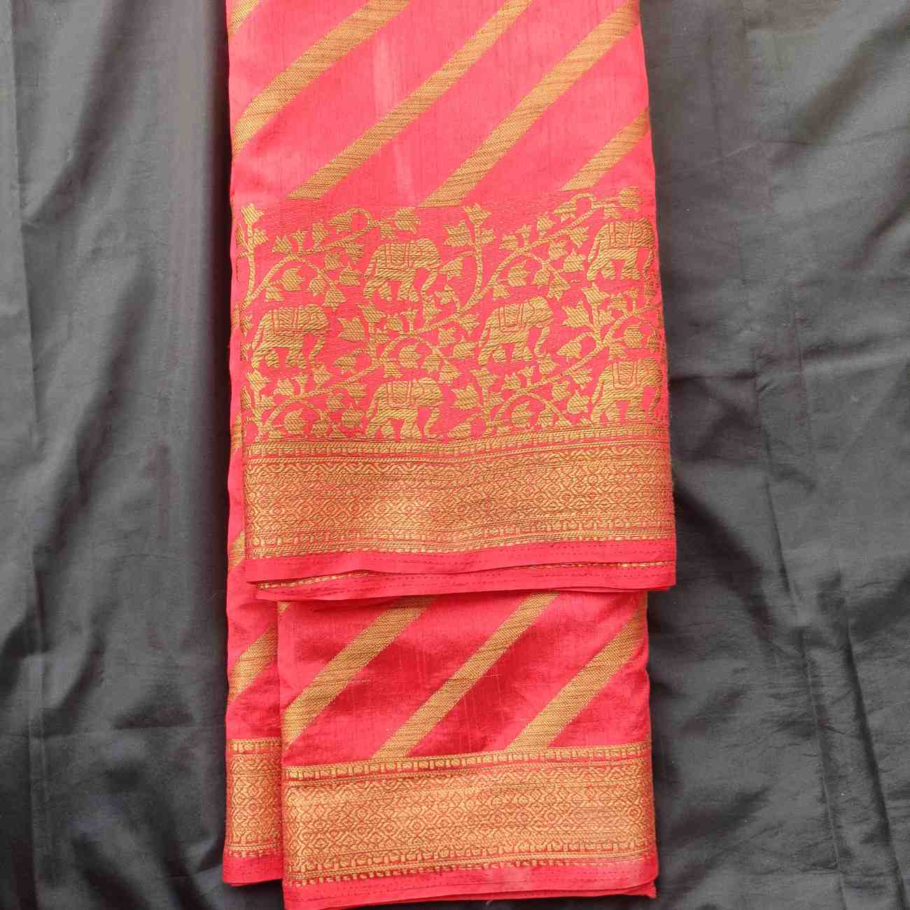 RED STRIPED BANARASI DUPION SILK SAREE