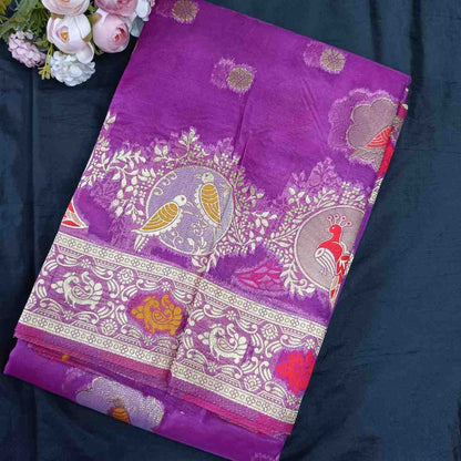 PURPLE PARROT PARTY BANARASI ORGANZA SAREE