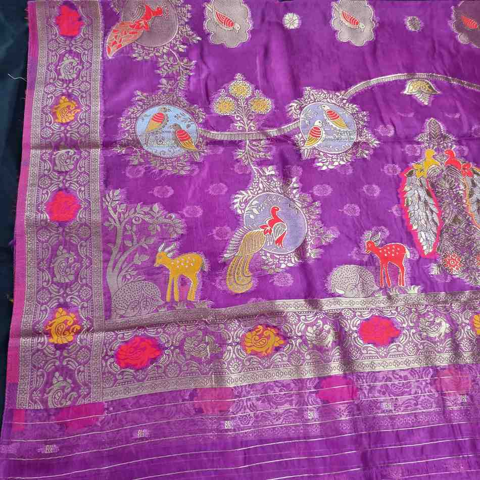 PURPLE PARROT PARTY BANARASI ORGANZA SAREE