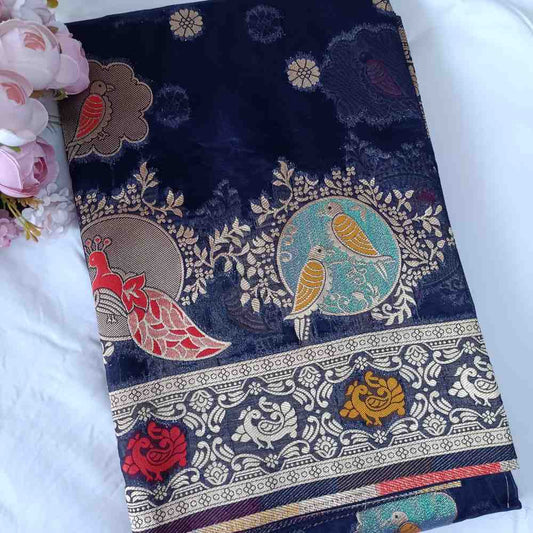 NAVY BLUE PARROT PARTY BANARASI ORGANZA SAREE