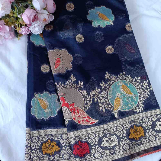 NAVY BLUE PARROT PARTY BANARASI ORGANZA SAREE
