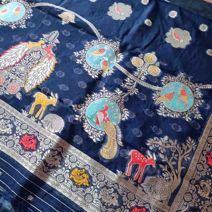 NAVY BLUE PARROT PARTY BANARASI ORGANZA SAREE