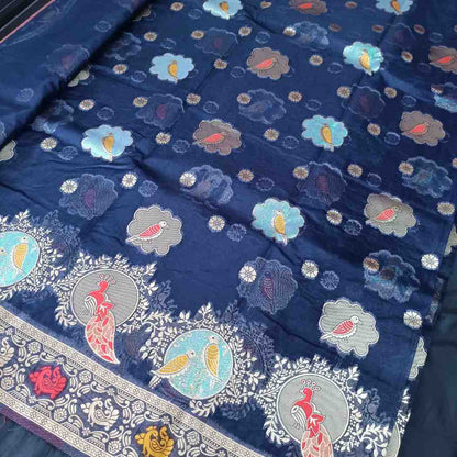 NAVY BLUE PARROT PARTY BANARASI ORGANZA SAREE