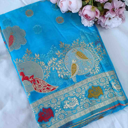 BLUE PARROT PARTY BANARASI ORGANZA SAREE