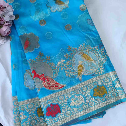 BLUE PARROT PARTY BANARASI ORGANZA SAREE