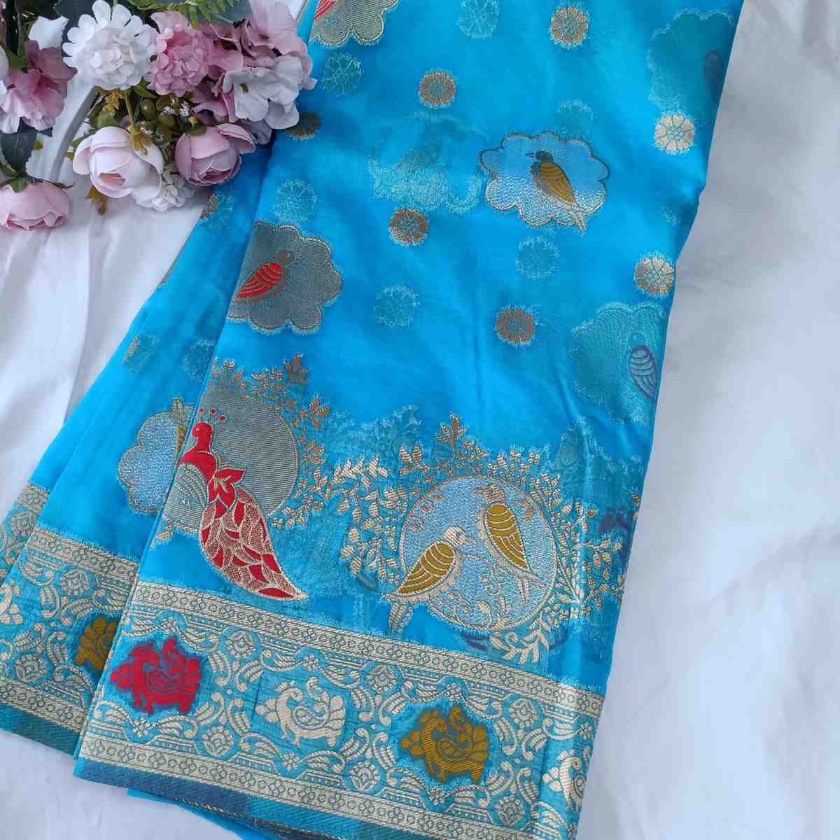 BLUE PARROT PARTY BANARASI ORGANZA SAREE