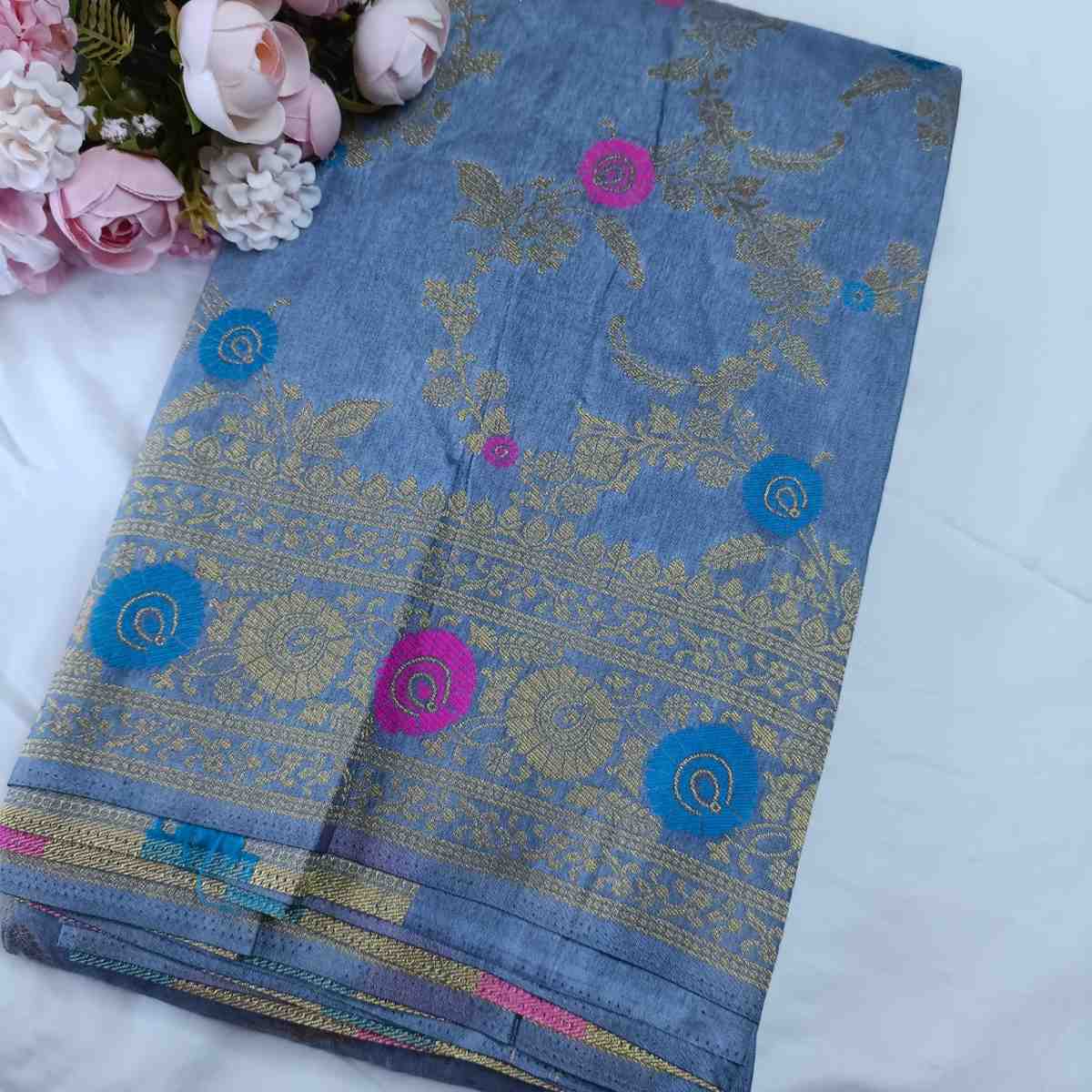 GREY PANCH MEENA BANARASI SEMI SILK SAREE