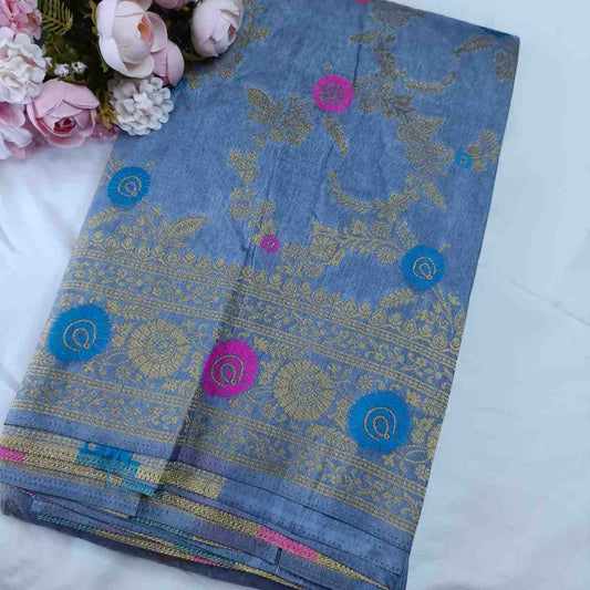 GREY PANCH MEENA BANARASI SEMI SILK SAREE