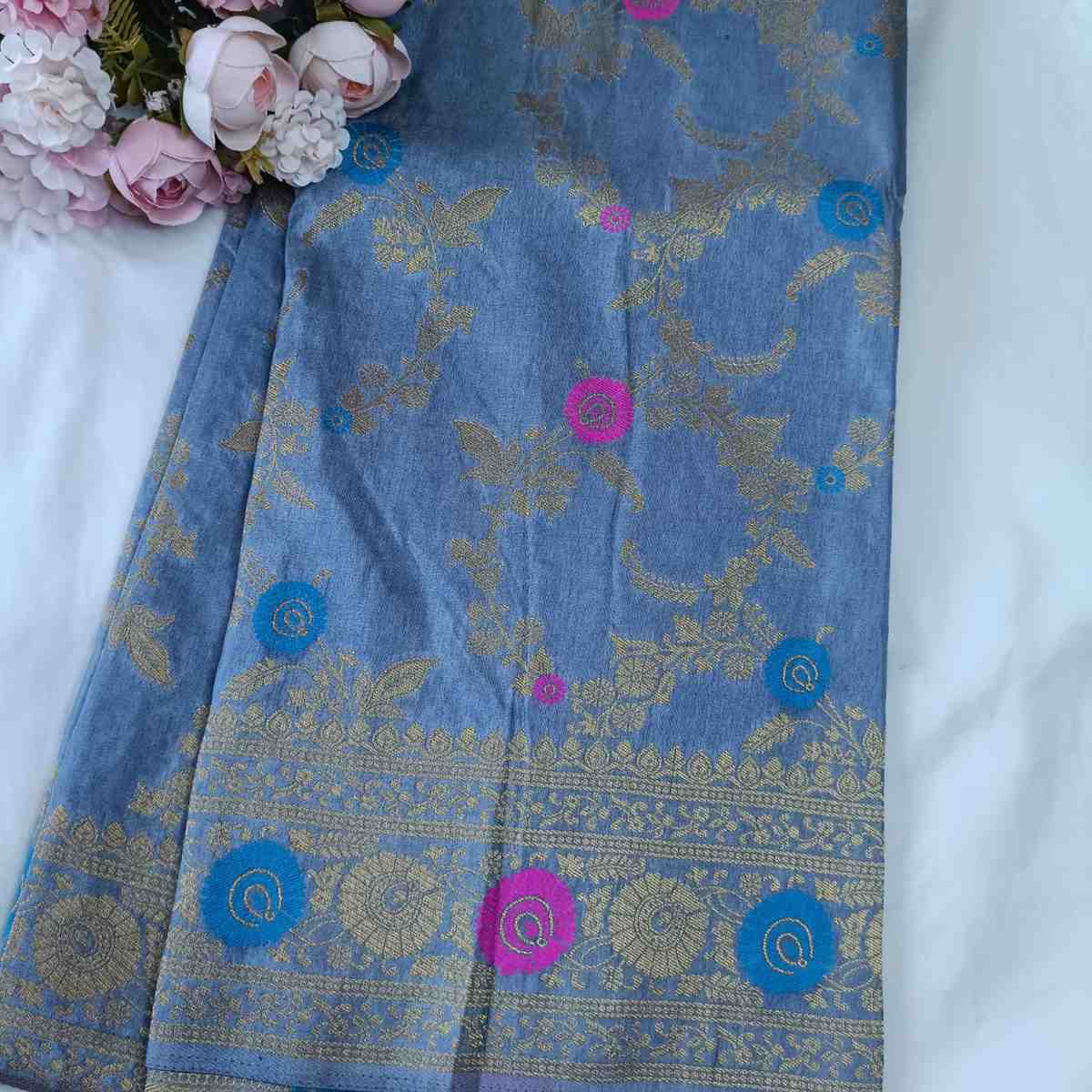 GREY PANCH MEENA BANARASI SEMI SILK SAREE