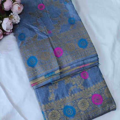 GREY PANCH MEENA BANARASI SEMI SILK SAREE