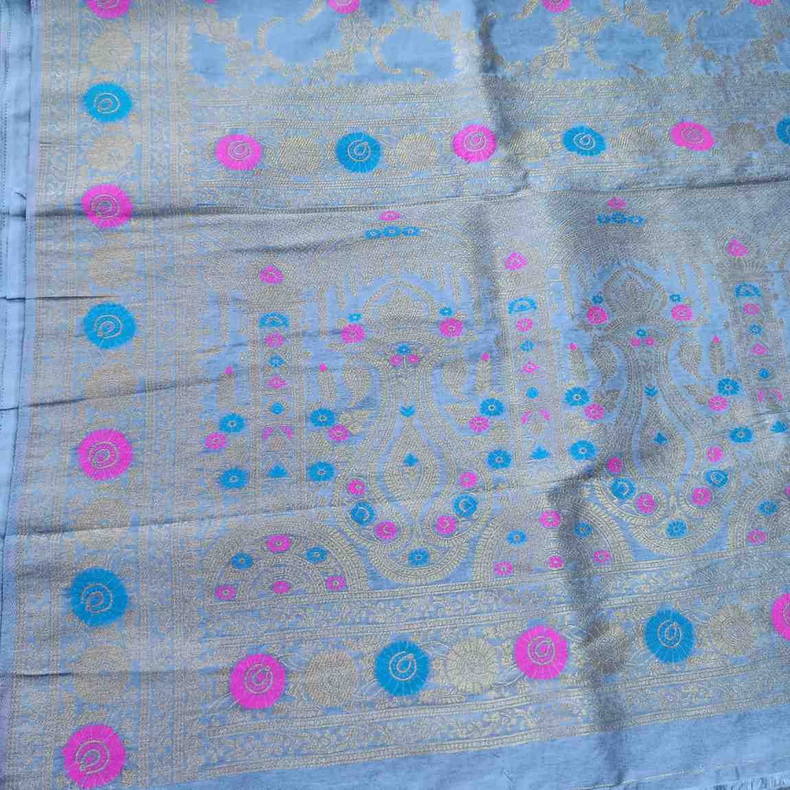 GREY PANCH MEENA BANARASI SEMI SILK SAREE