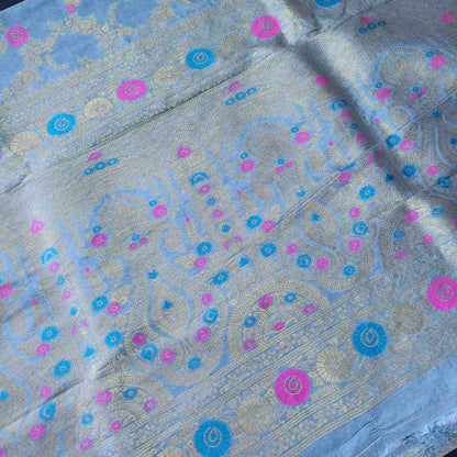 GREY PANCH MEENA BANARASI SEMI SILK SAREE