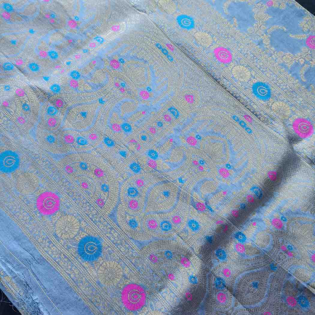 GREY PANCH MEENA BANARASI SEMI SILK SAREE